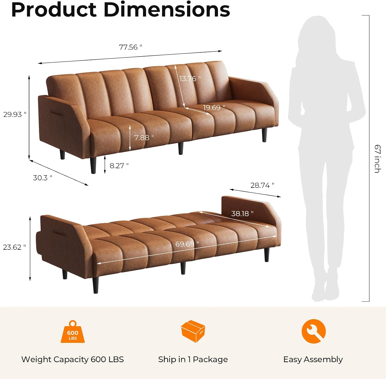 Fadware Faux Leather Couch, Convertible Futon Sofa Bed with Adjustable Backrest, Mid Century Leather Sofa Loveseat with Side Pockets& Metal Leg, Modern Leather Sleeper Sofa for Living Room Bedroom