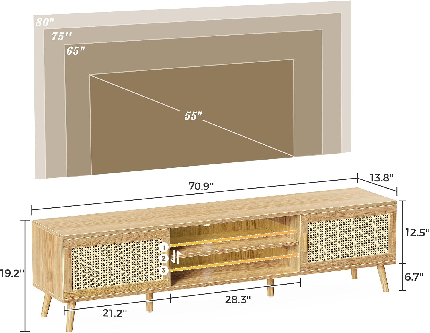 SUPERJARE 70.9 Inch Boho TV Stand for 75 Inch TV, Entertainment Center with Adjustable Shelf, Rattan TV Console with 2 Cabinets, Media Console, Solid Wood Feet, 4 Cord Holes, for Living Room, Natural