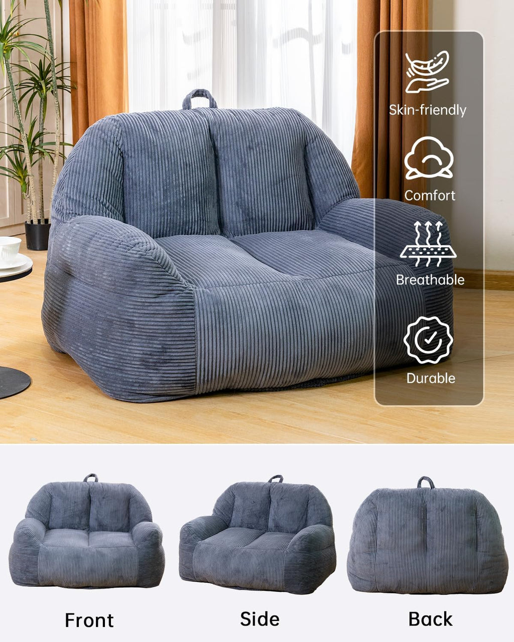 Lamerge Giant Bean Bag Chair for Adults, Oversized Faux Fur Fluffy Sofa with High-Density Memory Foam, Grey Comfy Bean Bag Couch for Reading, Gaming (53' Giant Bean Bag Chair Sofa)