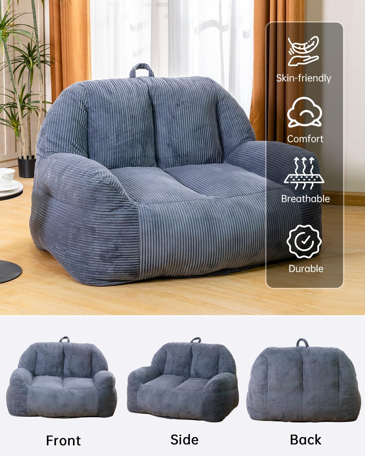 Lamerge Giant Bean Bag Chair for Adults, Oversized Faux Fur Fluffy Sofa with High-Density Memory Foam, Grey Comfy Bean Bag Couch for Reading, Gaming (53' Giant Bean Bag Chair Sofa)