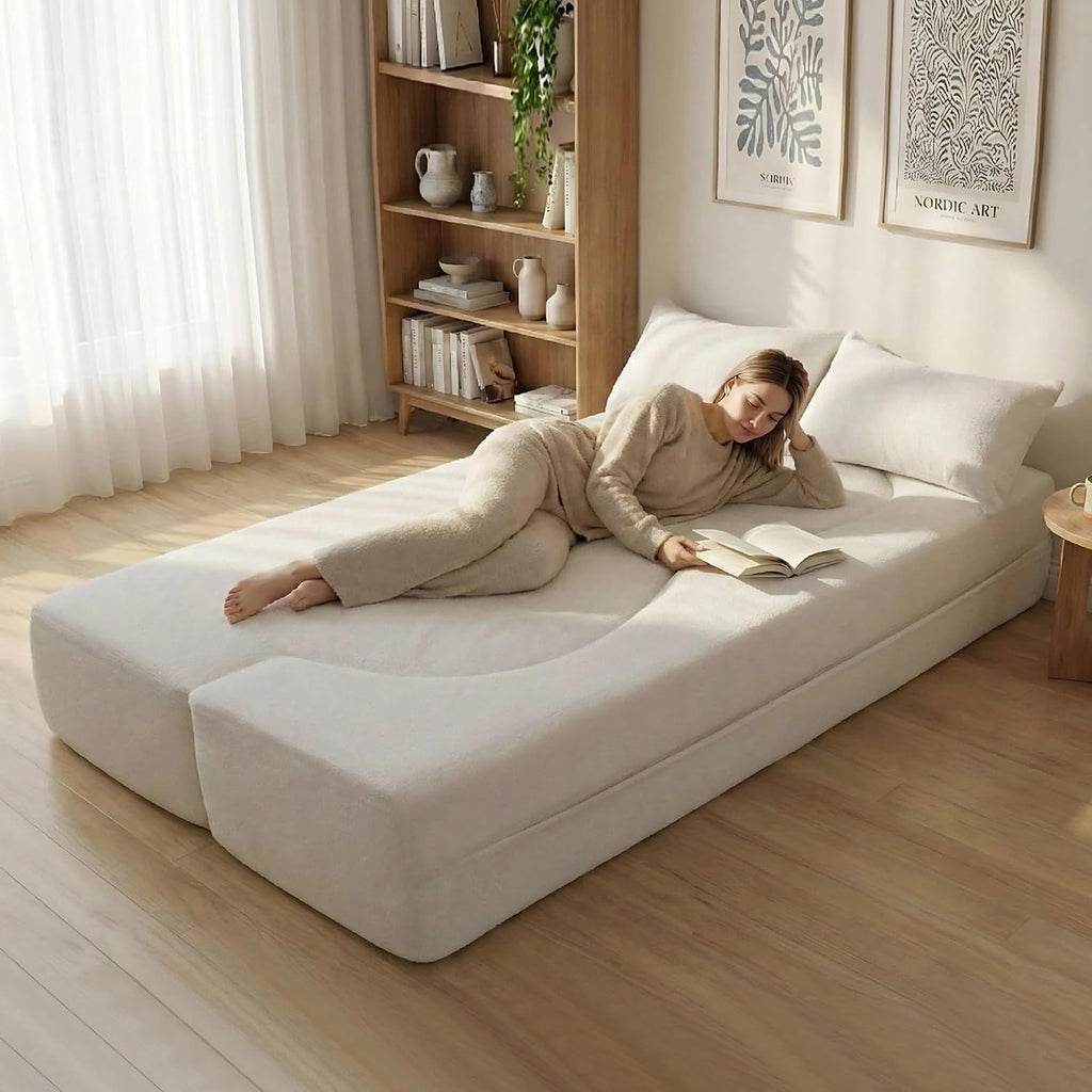 2-in-1 Convertible Sofa,78 Inch Folding Sofa Bed Pull Out Sofa with 2 Pilow Lazy Sofa, Teddy Loveseat Sleeper Floor Sofa for Apartment Children's Room Bedroom Living Room (Teddy, Beige)