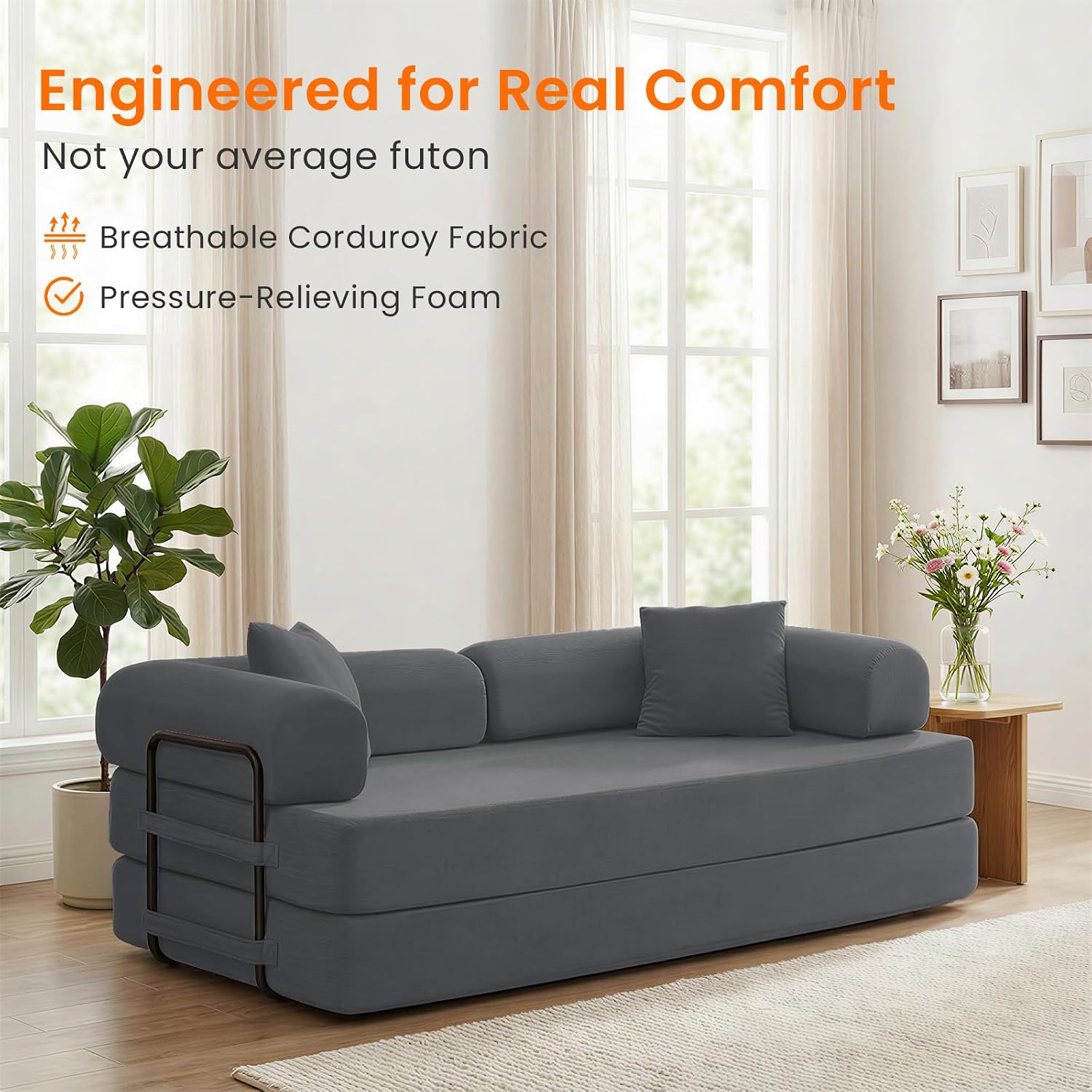 ijuicy 4-in-1 King Convertible Floor Sofa Bed w/ 2 Pillow,Modular Sleeper Sofa/Folding Futon Couch Bed w/Cylindrical Backrest and Fixed Frame,Lounge Couch,Corduroy Compression Sofas for Home-Dark Grey