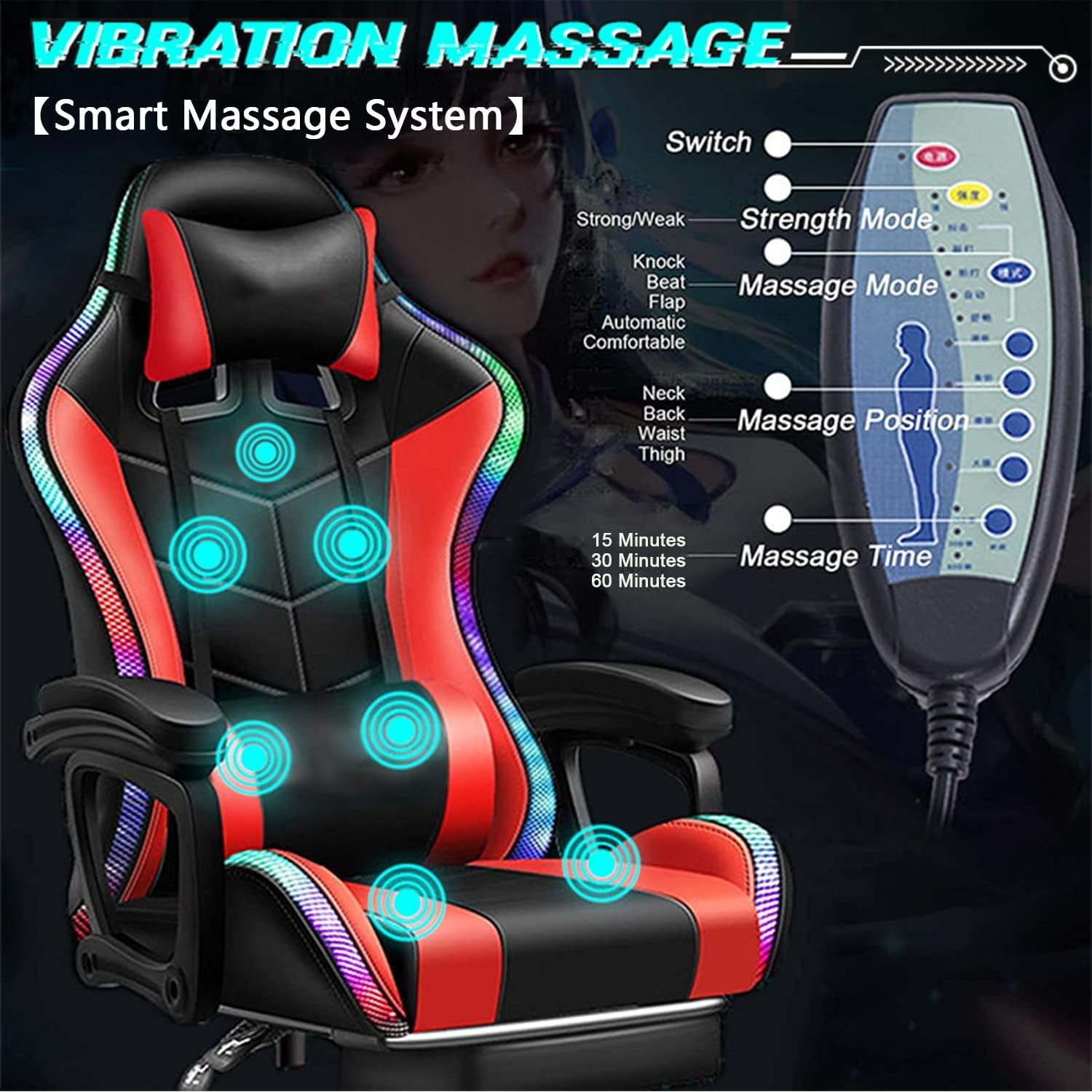 LED Pink Gaming Chairs for Adults with Speakers - Ergonomic Computer Chair with Full Massage, High Back Music Video Game Chair with Footrest and Lumbar Support, PU Leather Silla Gamer,Pink