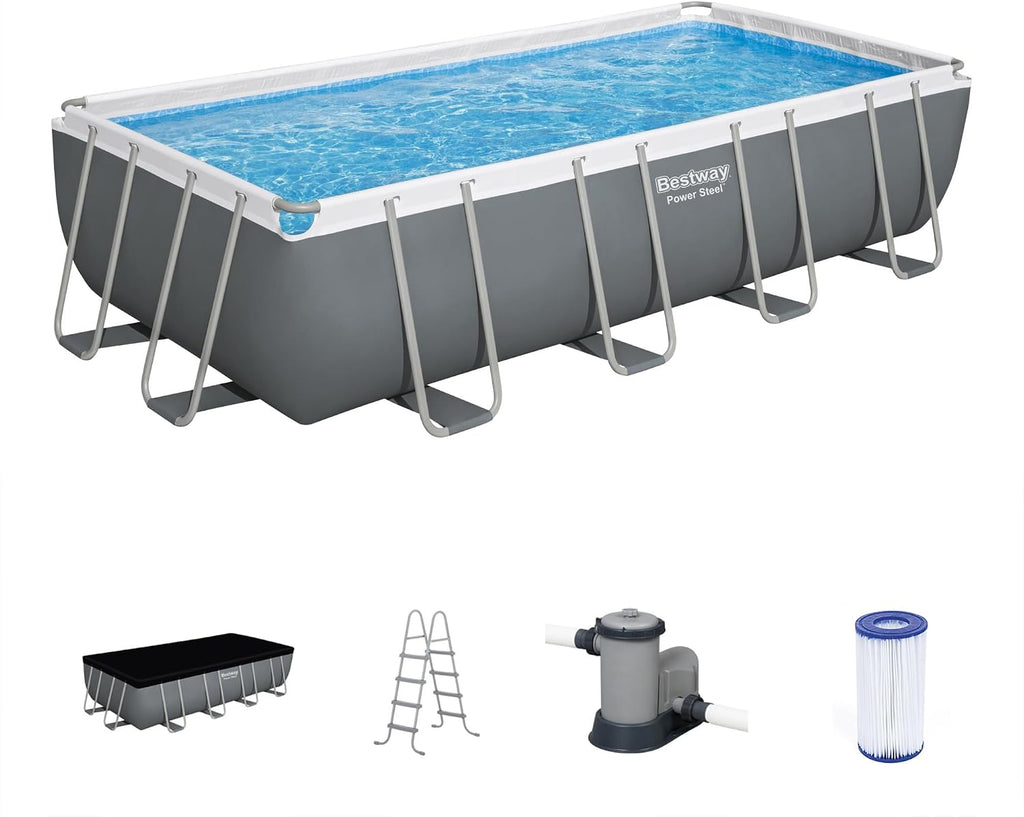 Bestway Power Steel 18' x 9' x 48' Above Ground Pool, Rectangular Metal Frame Outdoor Swimming Pool Set with Filter Pump, Ladder, and Cover