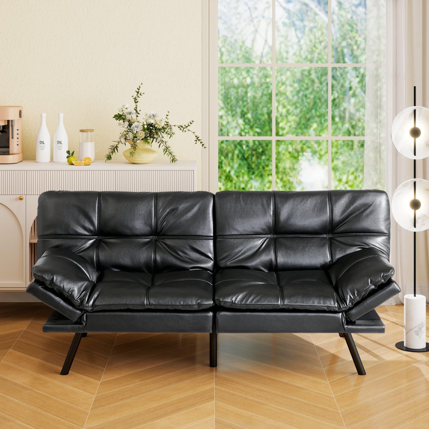 Vipbear 71' Futon Sofa Bed - Convertible Sofa Beds/Adjustable Backrest & Armrest, Comfy Loveseat Sleeper for Small Spaces, Apartments & Offices,Faux Leather Black Futons