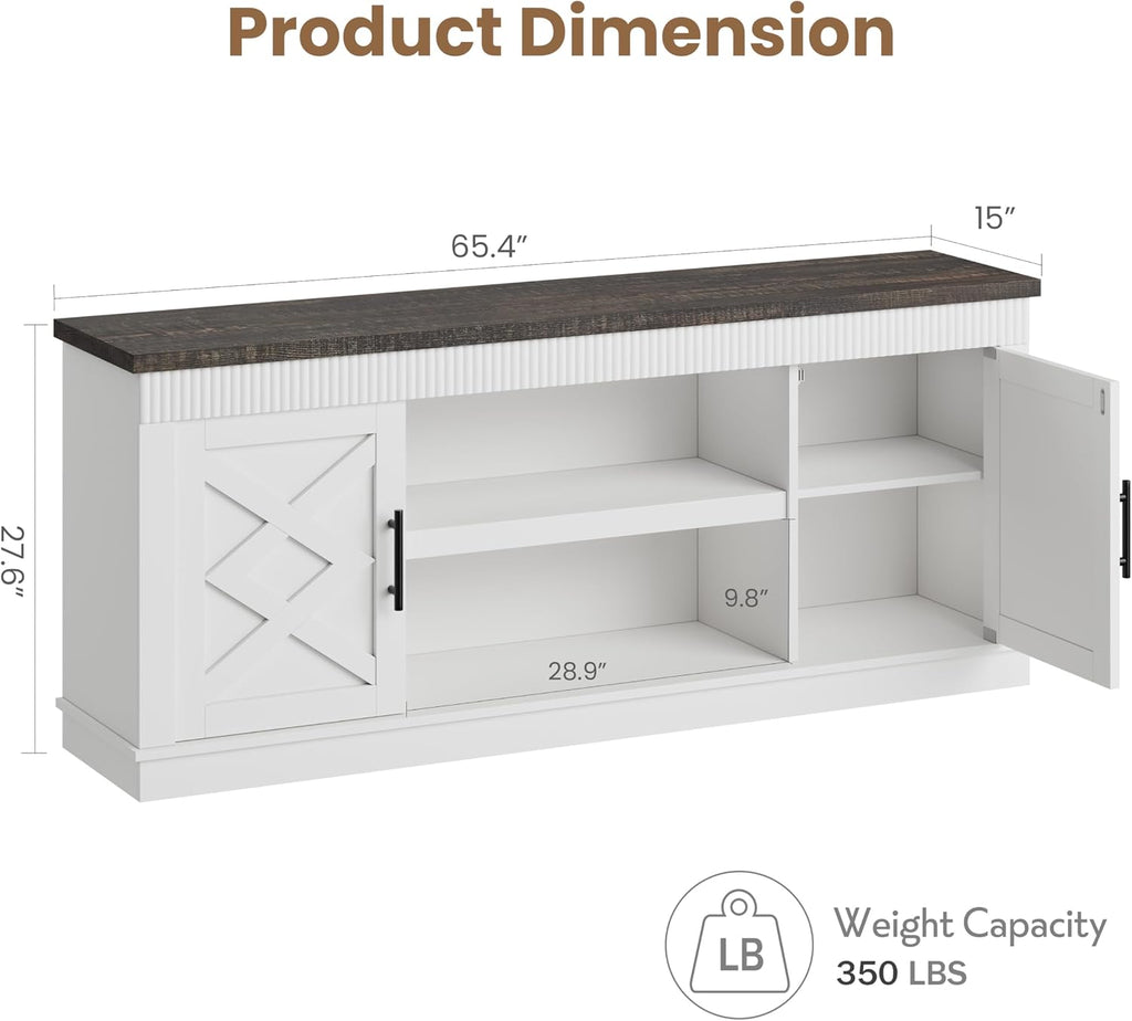 GarveeHome Farmhouse TV Stand for 70/75 in TVs, 65 in Long Entertainment Center w/ 2 Door &Open Storage Shelf, Rustic Fluted Television Consoles Stands for Living Room, Bedroom