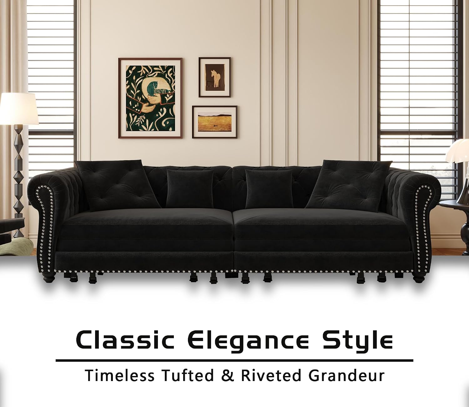 89' King Pull Out Sofa Bed, Velvet Chesterfield Sleeper Sofa Couch, 3 in 1 Convertible Tufted Futon Couches with Ottoman for Living Room, Small Space, Apartment, Office, Bedroom, Black