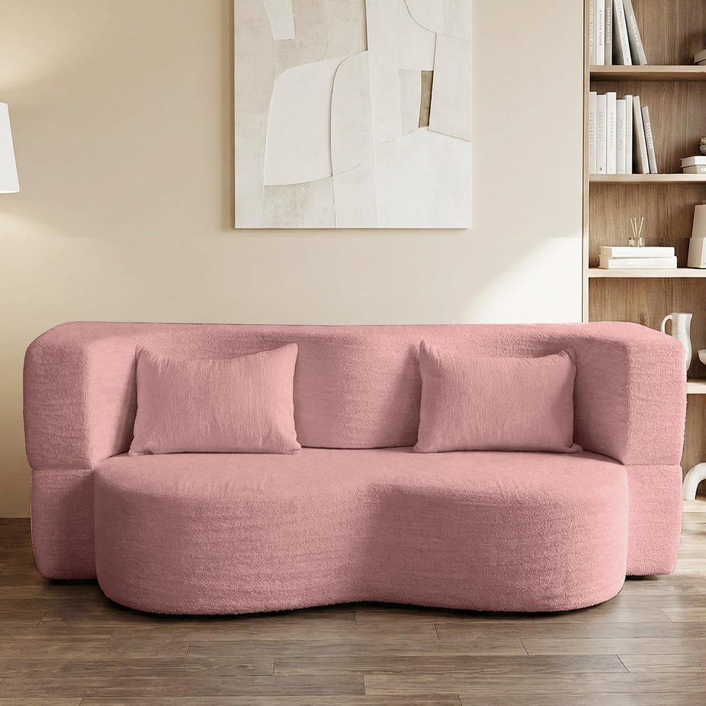 2-in-1 Convertible Sofa,78 Inch Pull Out Sofa Folding Sofa Bed with 2 Pilow Lazy Sofa, Teddy Loveseat Sleeper Floor Sofa for Apartment Children's Room Bedroom Living Room (Teddy, Pink)