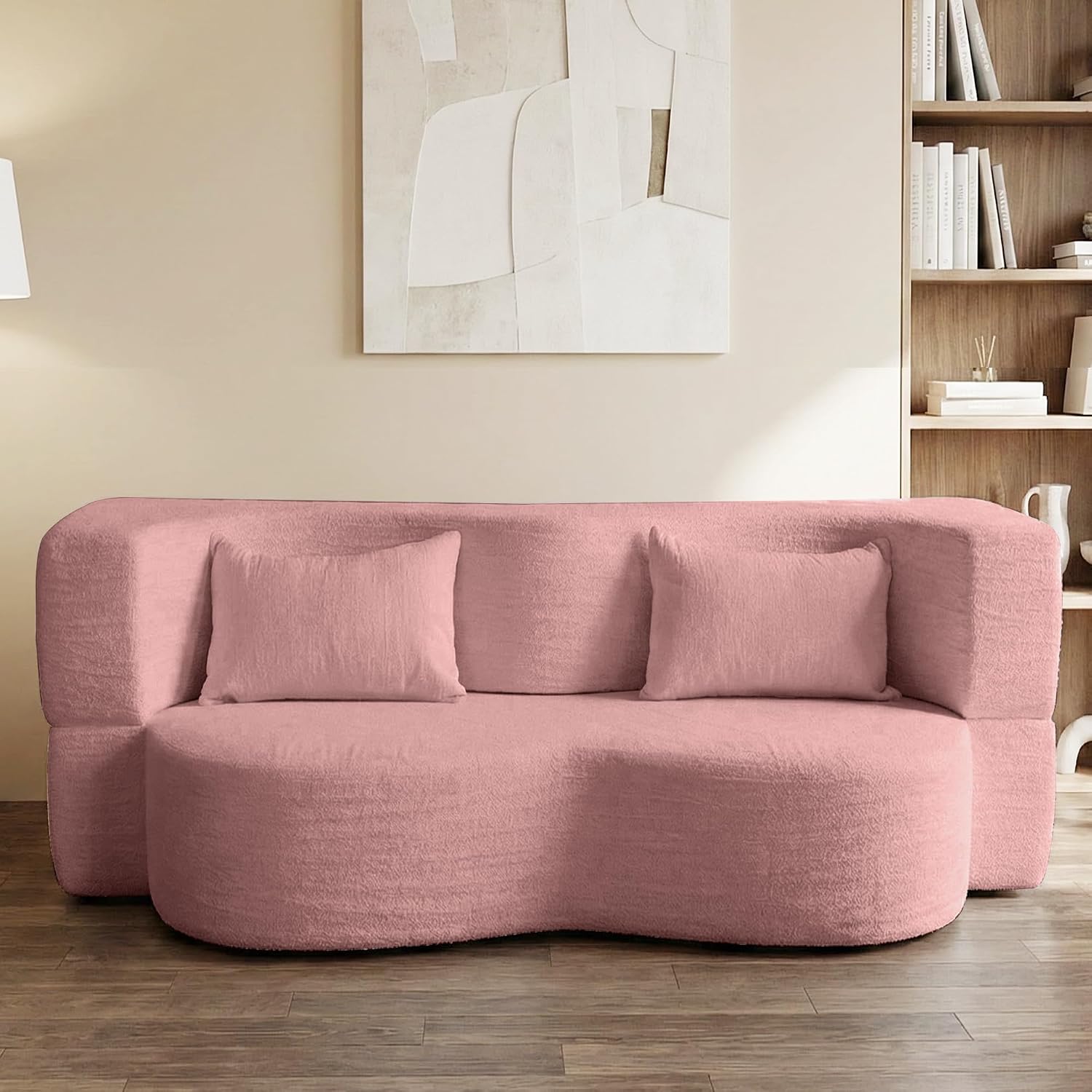 2-in-1 Convertible Sofa,78 Inch Pull Out Sofa Folding Sofa Bed with 2 Pilow Lazy Sofa, Teddy Loveseat Sleeper Floor Sofa for Apartment Children's Room Bedroom Living Room (Teddy, Pink)