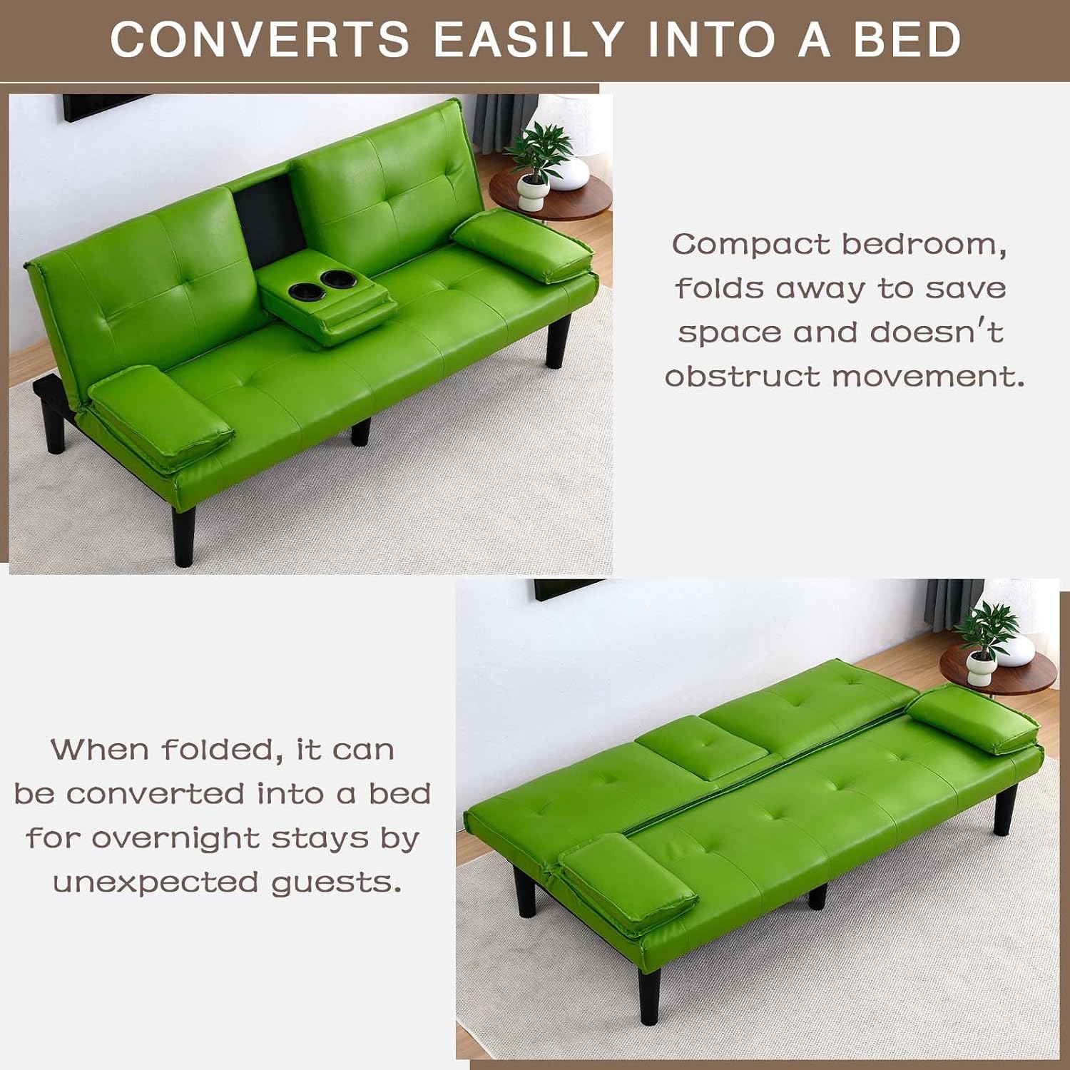 67' Futon Sofa Bed,Convertible Sofa Bed with 2 Cup Holders,Sleeper Couch PVC Leather Removable Soft Armrest Small Couch for Living Room Apartments ﻿ (Green)