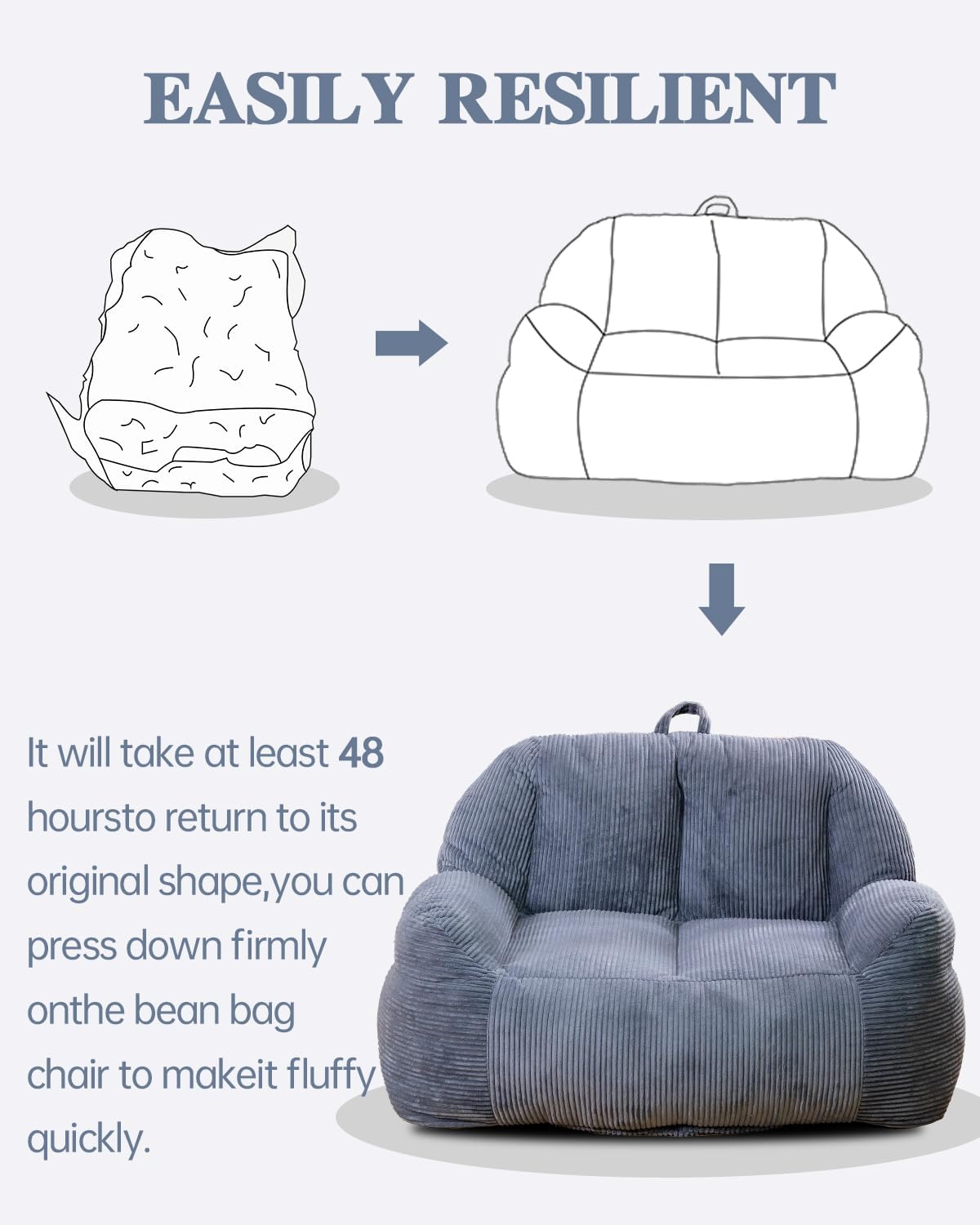 Lamerge Giant Bean Bag Chair for Adults, Oversized Faux Fur Fluffy Sofa with High-Density Memory Foam, Grey Comfy Bean Bag Couch for Reading, Gaming (53' Giant Bean Bag Chair Sofa)