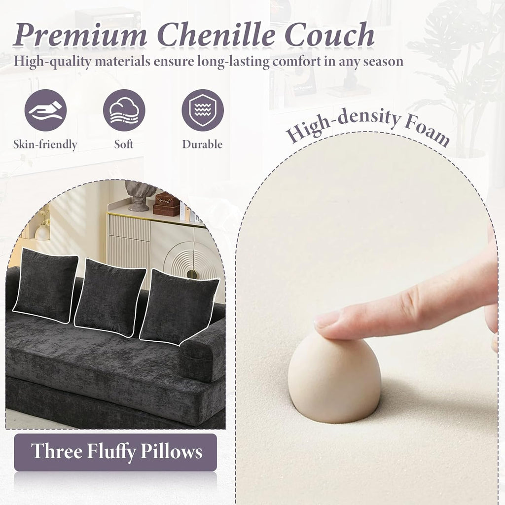 Futon Sofa Bed, Modular Convertible Folding 3 Seater Chenille Foam Floor Loveseat Sleeper Sofa Couch with 3 Pillows, No Assembly Compressed Boneless Couch, for Living Room Bedroom Guest Room, Black
