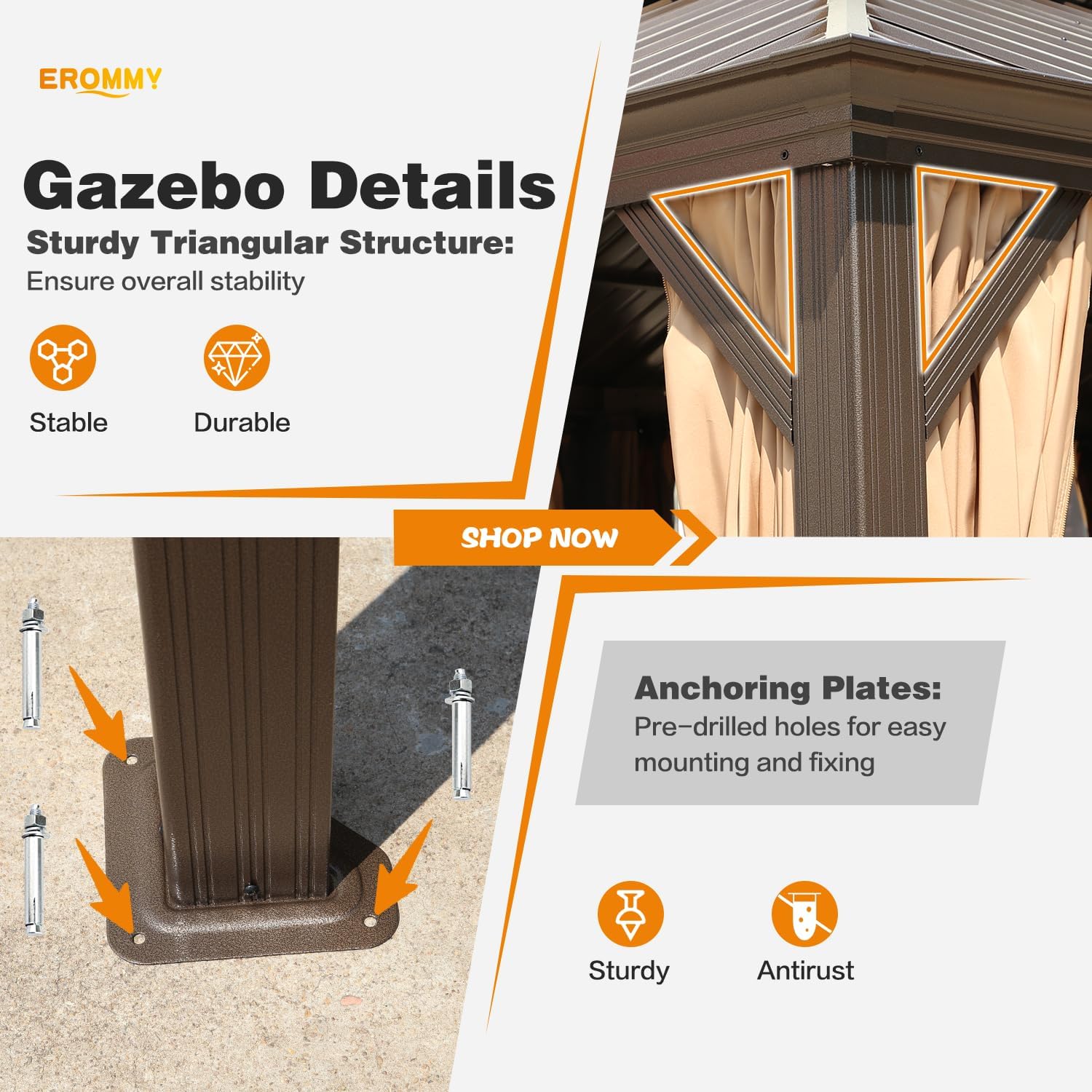 EROMMY 14'x20' Hardtop Gazebo Double Roof Galvanized Steel Canopy Outdoor Aluminum Frame Permanent Metal Pavilion with Netting and Curtains for Patio Backyard Deck and Lawns