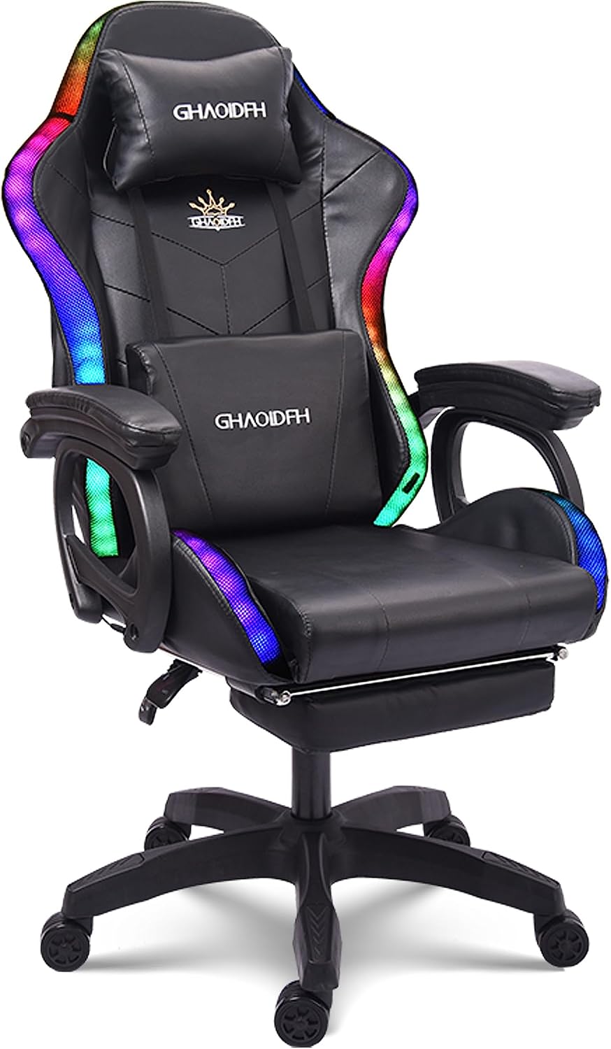 RGB Gaming Chair - Ergonomic Design with Massage, Footrest, and Integrated Speakers - Swivel Reclining PU Leather Gaming Chair with Lumbar Support - High-Back Racing Gaming Chair.,Black