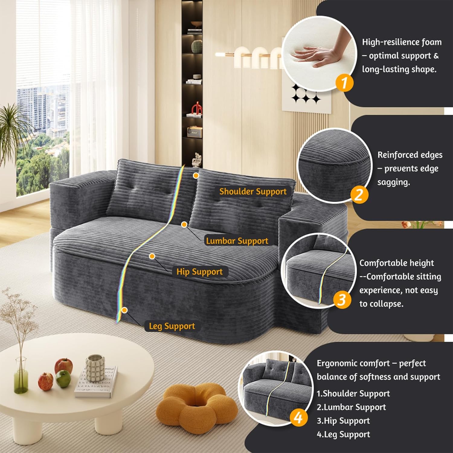 Convertible Sleeper Sofa, Modern 78-inch Folding Futon Corduroy Floor Foam Compression Loveseat Sofa Bed Couch, Foldable Full Size Guest Bed with 2 Pillows for Living Room Bedroom Apartment, Dark Grey