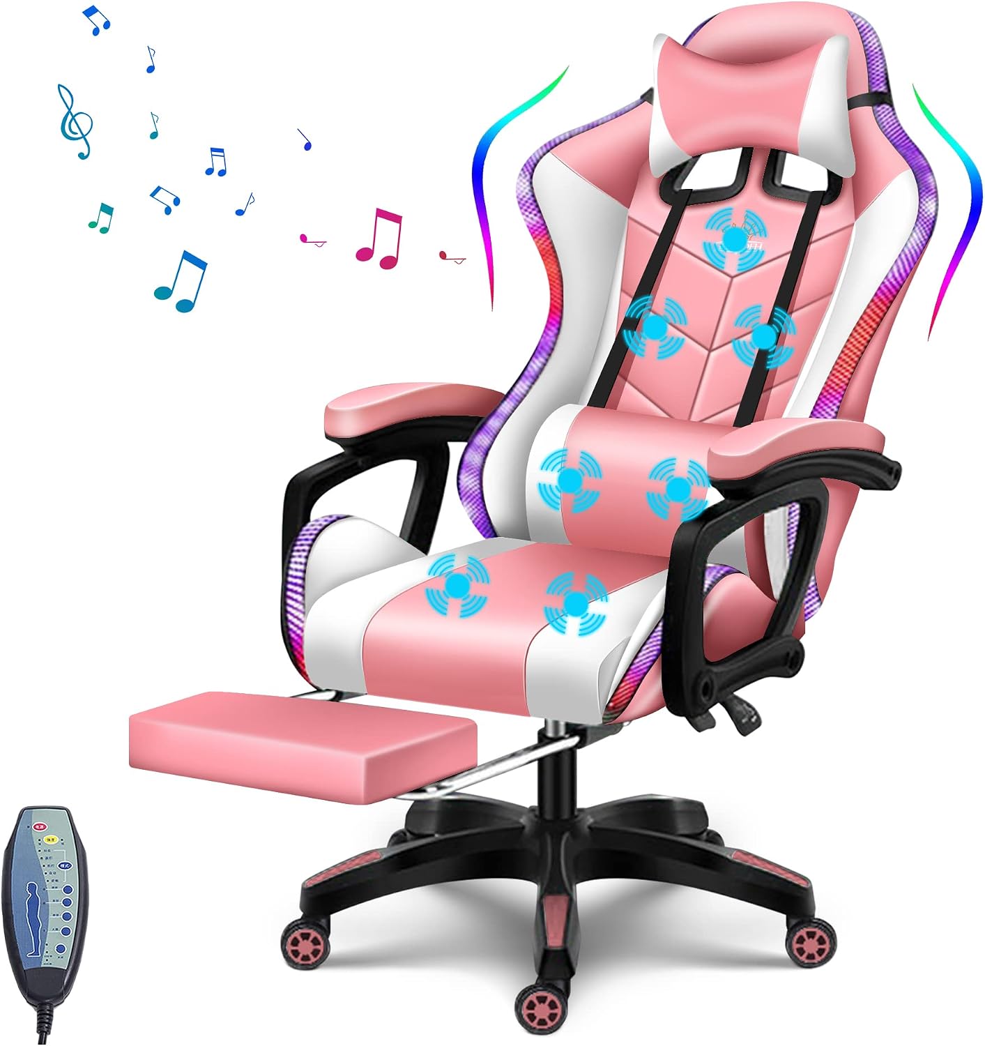 Gaming Chair for Teens or Adults Ergonomic Pro Video Game Chairs with RGB Lights and Speakers Reclining Computer Chair with Footrest High Back Massage Gamer Chair Big and Tall Office Desk Chair