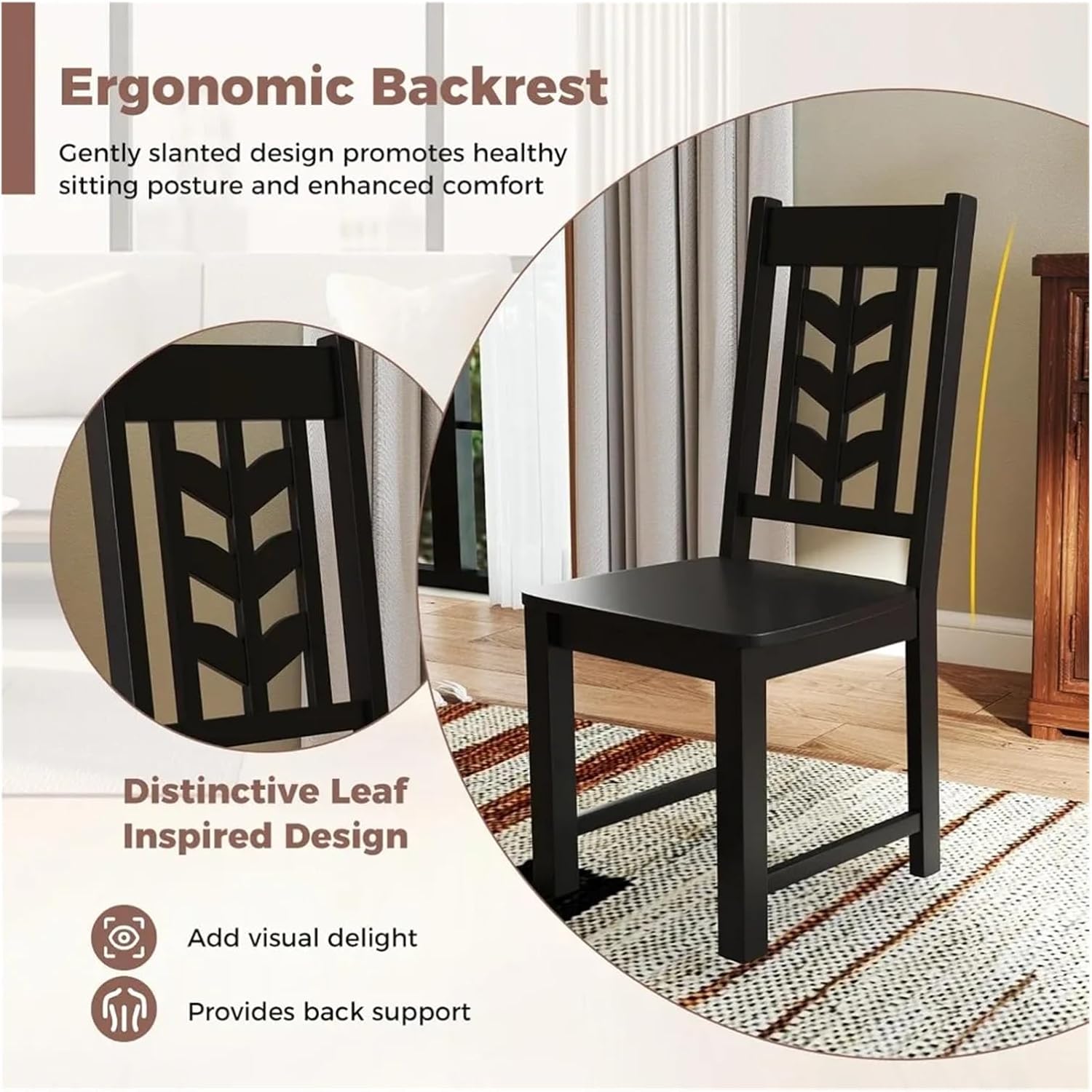 Thick Upholstered Kitchen Chairs 2pcs Rubber Wooden Frame Dining Chairs with Leaf-Shaped High Backrest Max Load 400LBS(Brown)
