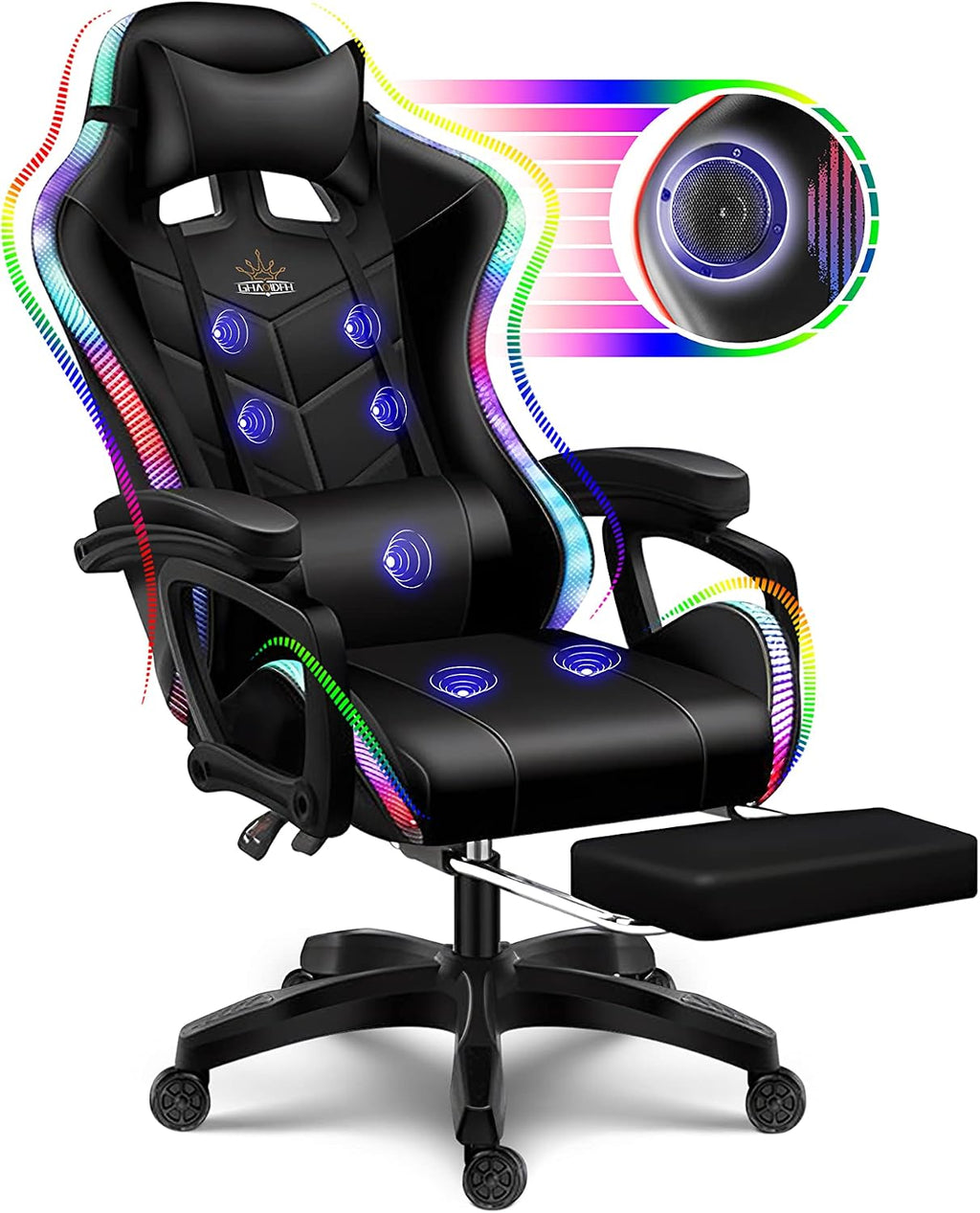 RGB Gaming Chair with Massage and Footrest, Ergonomic Pro Computer Chair with LED Lights and Speakers, High Back Music Video Chair with Lumbar Support and Headrest, for Adult Teens. (All Black)