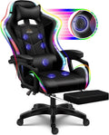 RGB Gaming Chair with Massage and Footrest, Ergonomic Pro Computer Chair with LED Lights and Speakers, High Back Music Video Chair with Lumbar Support and Headrest, for Adult Teens. (All Black)