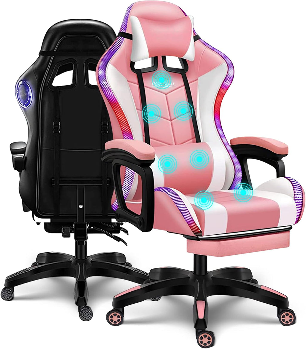 Gaming Chair for Adults with Speakers Massage Computer Office Chair RGB Gamer Chair with Footrest and Lumbar Support Music Video Game Chair High Back PU Leather Ergonomic Desk PC Chair,Pink