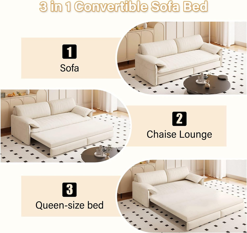 3 in 1 Convertible Queen Sleeper Sofa Bed Comfy Pull Out Futon Couch Bed 66' Modern Velvet Recliner Loveseat Sofa Multi-Functional Beige Cloud Couch for Living Room,Apartment,Office (Beige 66')
