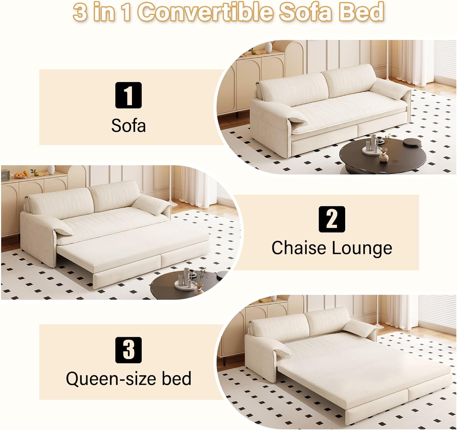 3 in 1 Convertible Queen Sleeper Sofa Bed Comfy Pull Out Futon Couch Bed 66' Modern Velvet Recliner Loveseat Sofa Multi-Functional Beige Cloud Couch for Living Room,Apartment,Office (Beige 66')