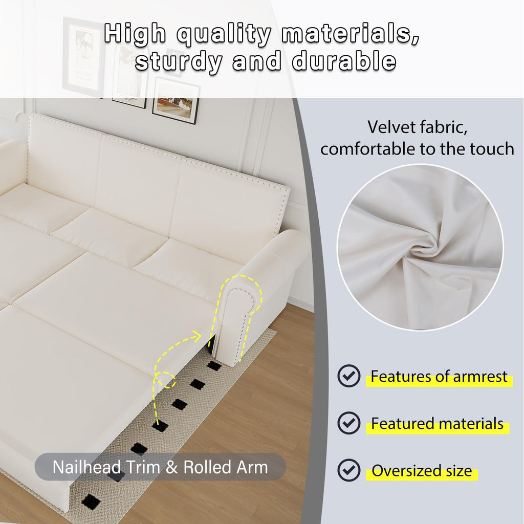 93.7' King Pull Out Sofa Bed, Velvet Sleeper Sofa Couch, 3 in 1 Convertible Futon Couches for Living Room, Small Space, Apartment, Office, Bedroom, Modern Rivet Armrest, Beige