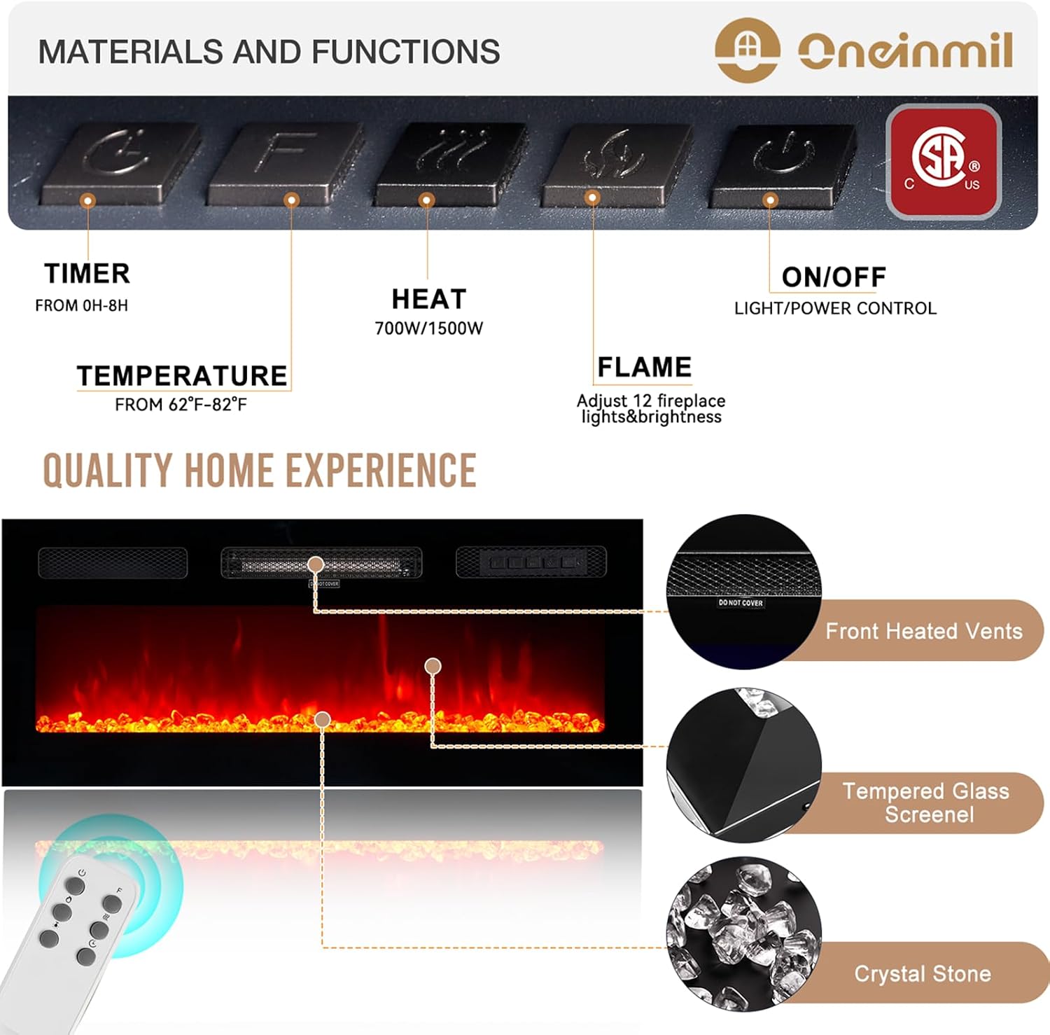 oneinmil Fireplace TV Stand with 36' Electric Fireplace, 80' 2 Tier TV Console Stand for TVs Up to 90', LED Light Entertainment Center, Fireplace for The Living Room TV Stand, Gray