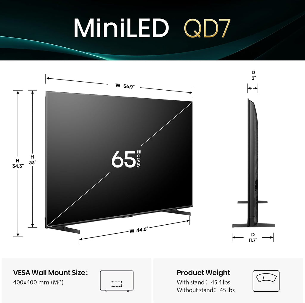 Hisense 65' Class QD7 Series Mini-LED 4K UHD Smart Fire TV (65QD7QF, 2025 Model) - QLED, HDR10+, Dolby Vision, Dolby Atmos, Game Mode Plus, ALLM, Alexa Built in with Voice Remote, Streaming TV, Black