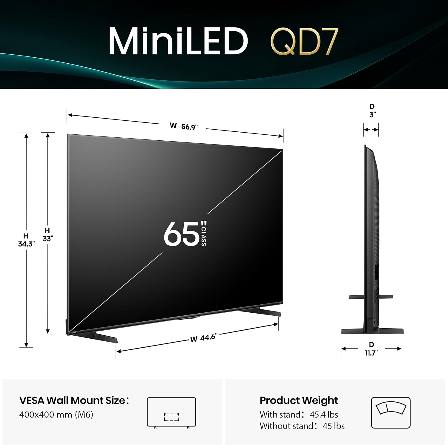 Hisense 65' Class QD7 Series Mini-LED 4K UHD Smart Fire TV (65QD7QF, 2025 Model) - QLED, HDR10+, Dolby Vision, Dolby Atmos, Game Mode Plus, ALLM, Alexa Built in with Voice Remote, Streaming TV, Black