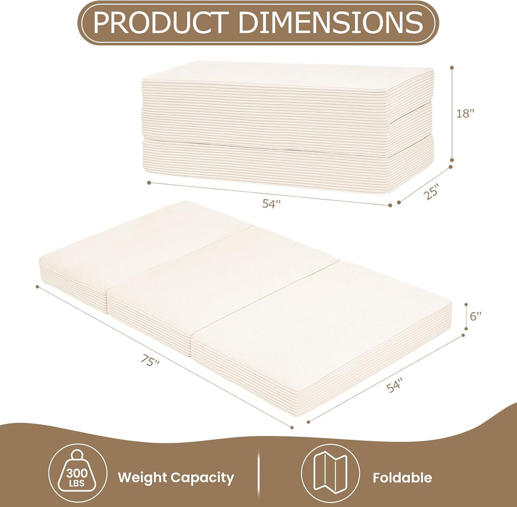 6-Inch Tri-Folding Mattress Full Size - Foldable Futon Sofa Bed with Removable Washable Cover, Folding Futon Mattress | Non-Slip Bottom & Carry Handles for Guest, Camping, Dorm