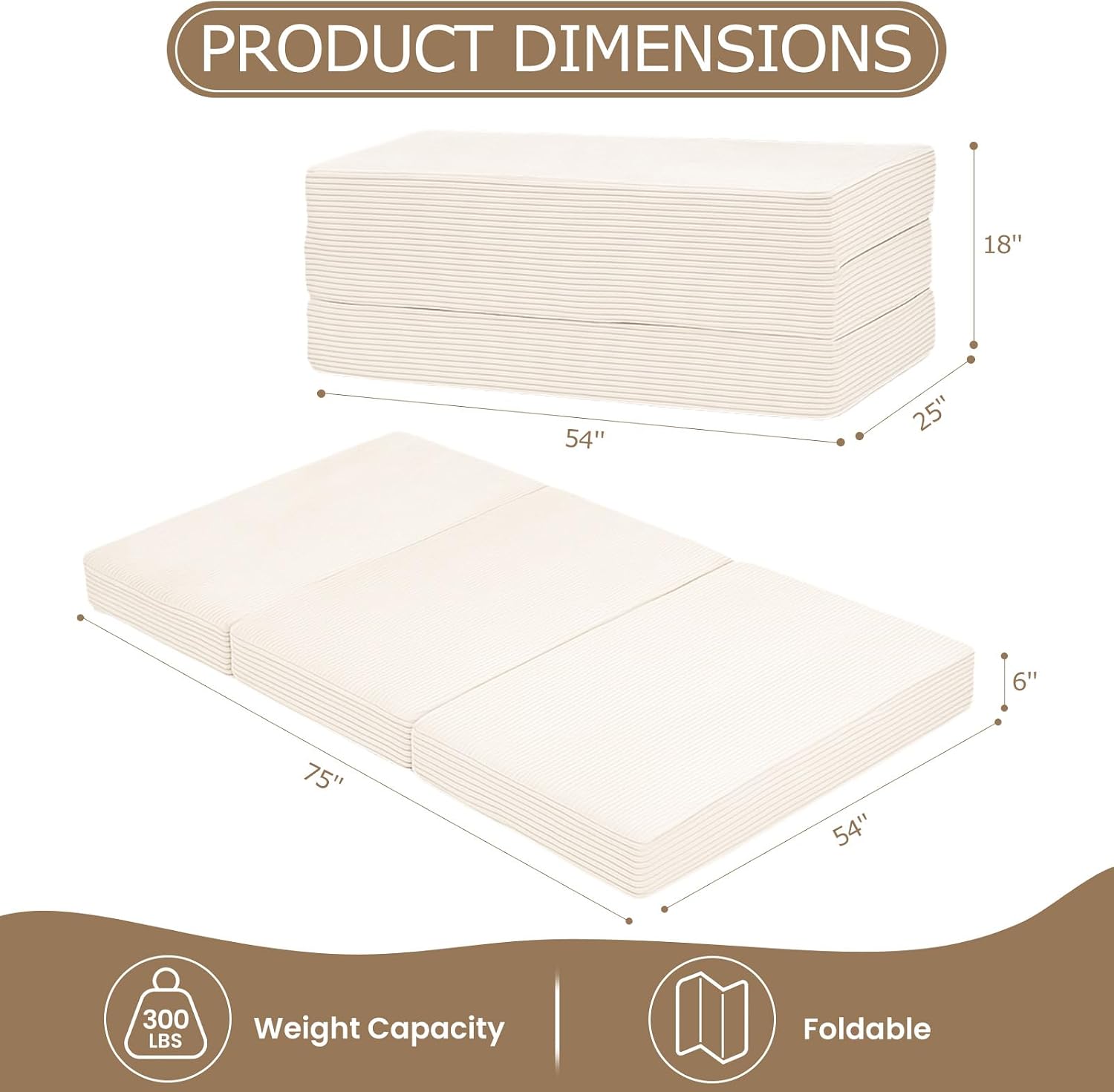 6-Inch Tri-Folding Mattress Full Size - Foldable Futon Sofa Bed with Removable Washable Cover, Folding Futon Mattress | Non-Slip Bottom & Carry Handles for Guest, Camping, Dorm