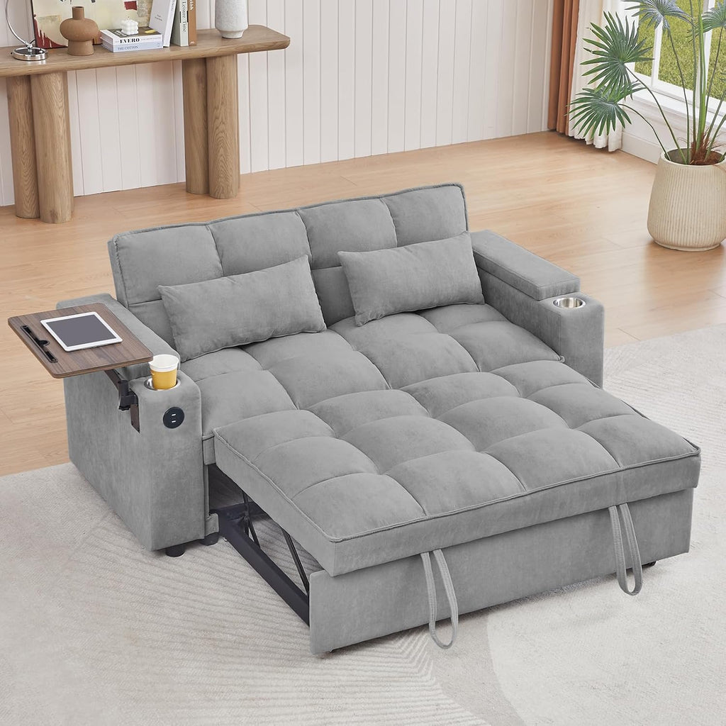 hansones 65'' 3-in-1 Folding Convertible Sofa Bed, Queen Size Pullout Sofa, Modern Chenille Fabric, 360° Swivel Side Table, Easy Assembly, Perfect for Living Room