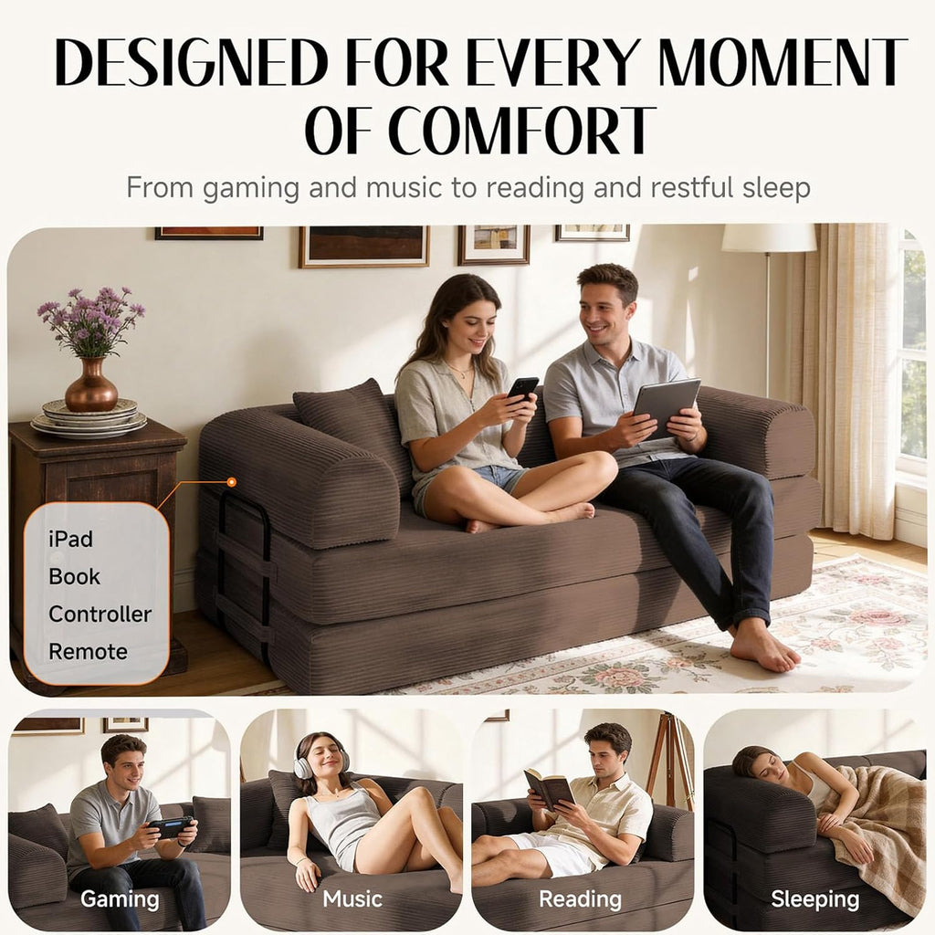 79'' Convertible Sofa Bed, Boneless Couch-in-a-Box, Corduroy Floor Futon Loveseat Sleeper, 26'' Deep Seat, Removable Machine-Wash Covers, No Assembly, 2 Pillows, Brown