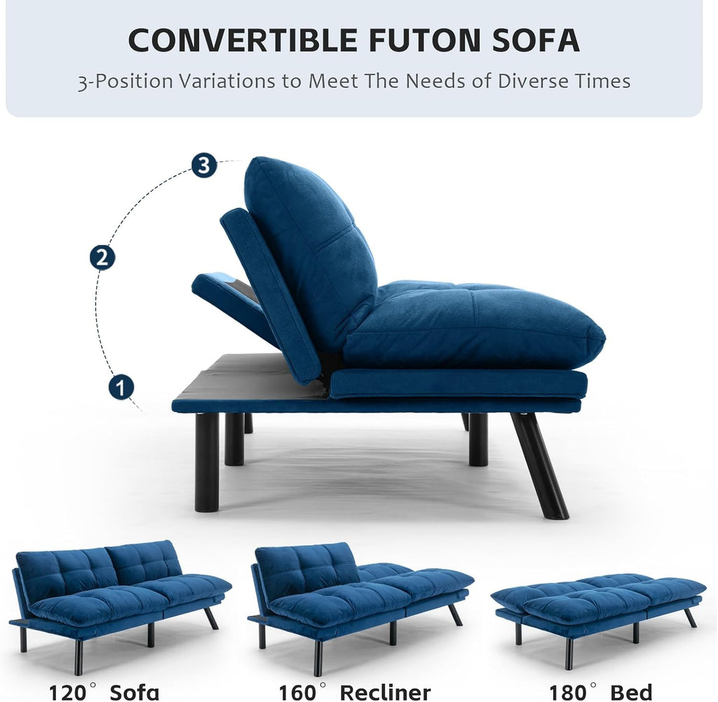 SoarFlash 67 Inch Futon Double Sofa Bed, 2 in 1 Velvet Loveseat Sofa with Adjustable Backrest for Living Room Bedroom Office Apartment Compact Couch(Blue)
