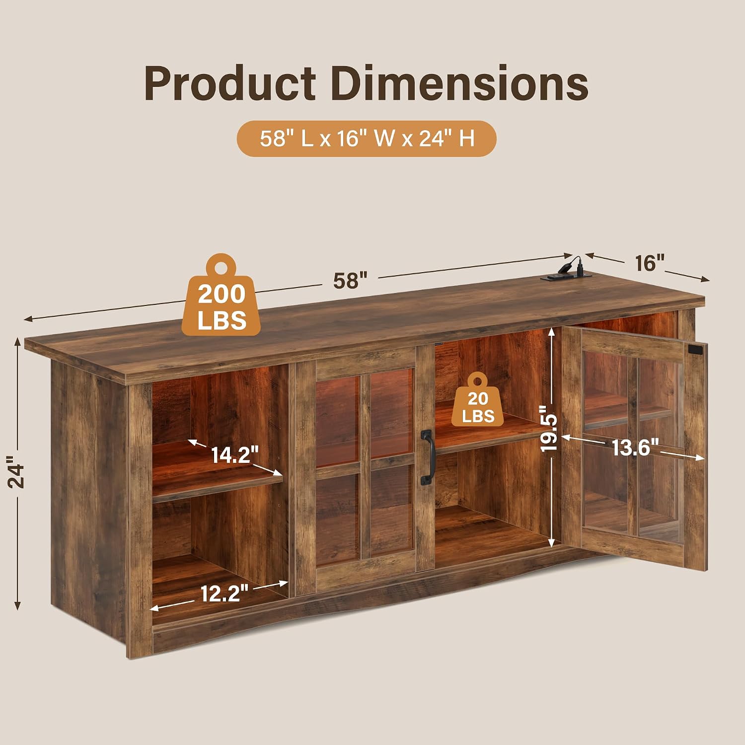 YESHOMY Farmhouse LED TV Stand with Power Outlet, for Televisions up to 65 Inches, Wood Entertainment Center with Glass Door Storage Cabinet, TV Console for Living Room, Brown