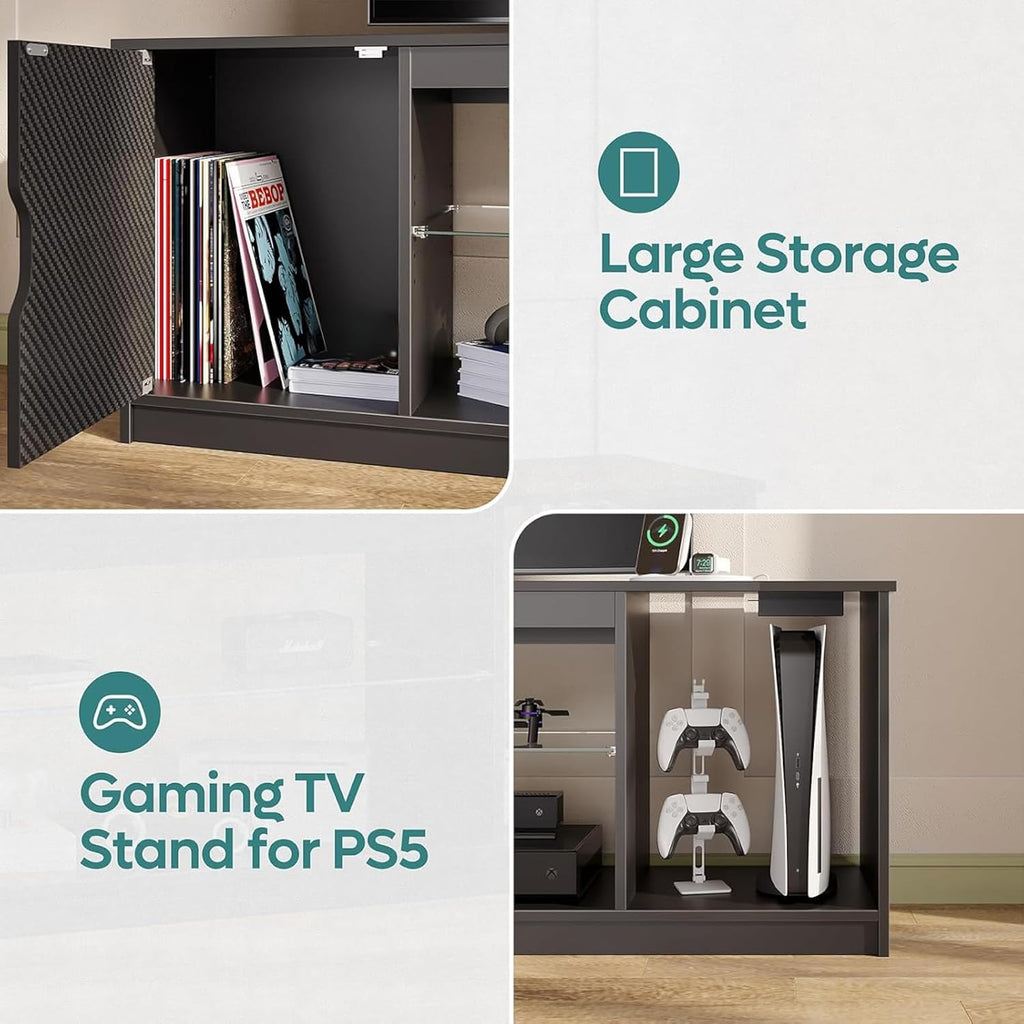 Bestier TV Stand with Power Outlets for Bedroom, Gaming TV Stand for 65inch TV, Black Entertainment Center for PS5, TV Console with Adjustable Glass Shelves for Living Room, Black