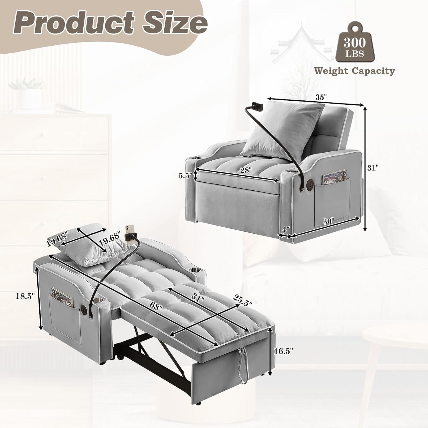 Convertible Sleeper Sofa Chair Bed, 3 in 1 Velvet Single Small Futon Sofa Bed with Phone Holder & USB Ports,Pull Out Couch Recliner with Adjustable Backrest for Living Room, Office, Small Place(Grey)