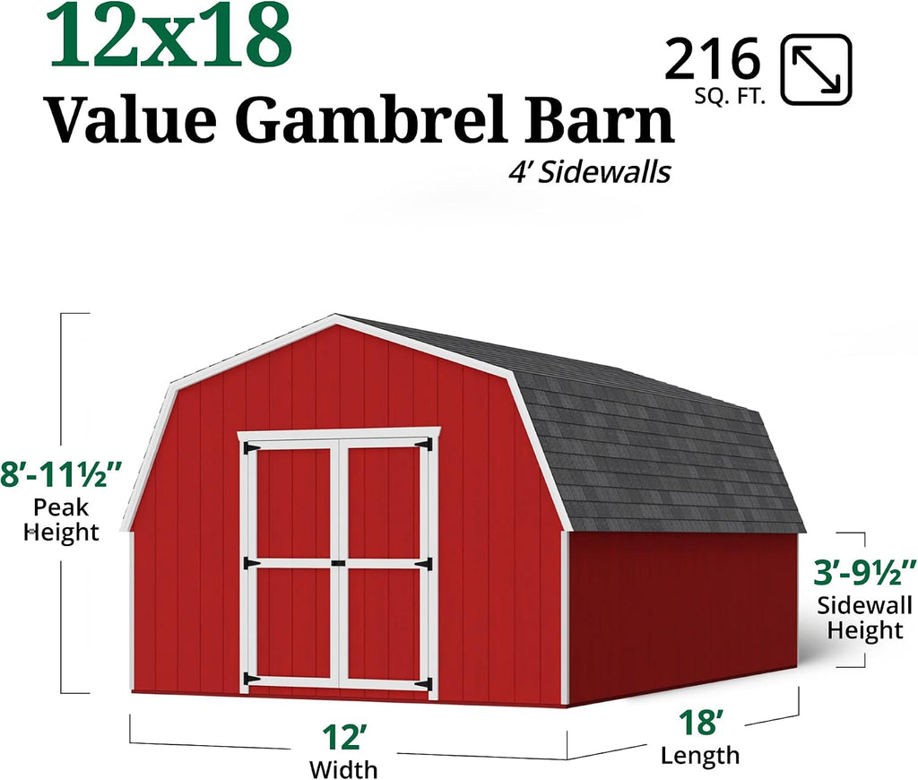 Little Cottage Co. 12x18 Value Gambrel Barn with 4 ft. Sidewalls with Floor, Outdoor Wood Storage Shed Do-It-Yourself Precut Kit