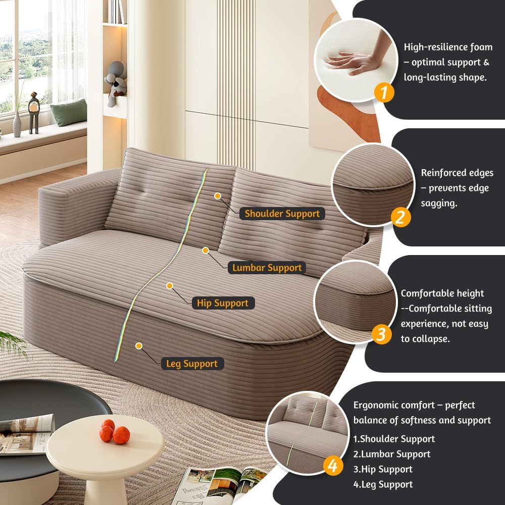 78.7' Futon Sofa Bed, 2-in-1 Foldable Sleeper Sofa, Convertible Sofa Bed with Pillows, Corduroy Couch with Multi Functional Blanket Upholstered Boneless Couches for Living Room, Brown