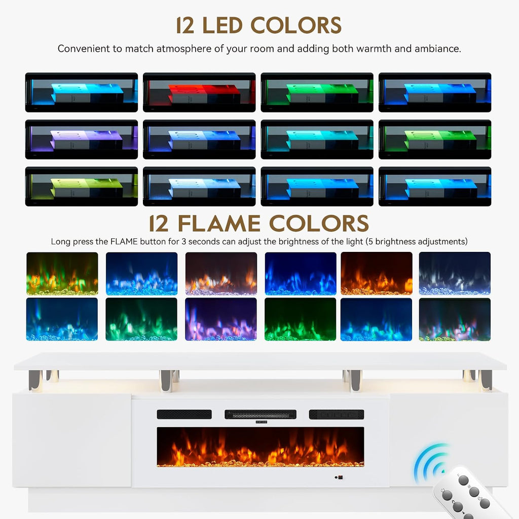 70' TV Stand for Living Room, Entertainment Center & Media Console with Storage, Fits TVs up to 80', Modern TV Cabinet with Shelves, 36' Electric Fireplace (All White)