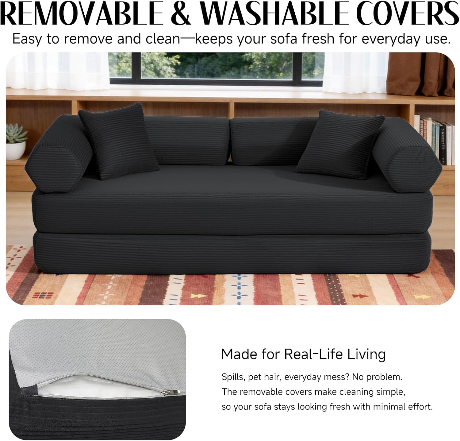 79' Corduroy Sofa Bed, Boneless Couch in a Box with 2 Pillows, High-Density Foam 4-in-1 Foldable Sleeper Futon Loveseat for Small Spaces, No Assembly, Side Pockets, Hex Arm Black