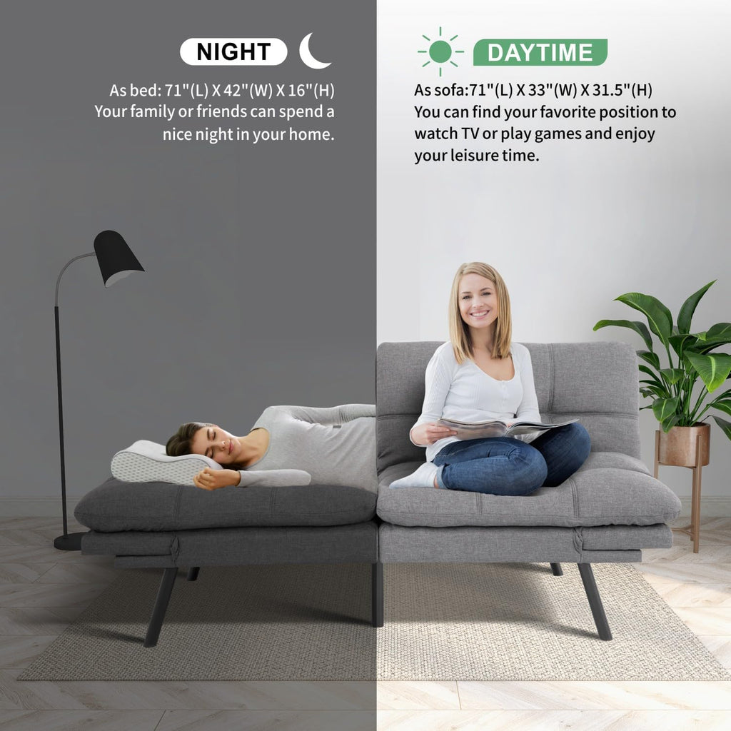 MUUEGM 71' Futon Sofa Bed, Convertible Couch Bed, Modern Loveseat with Adjustable Backrest&Armrest, Sofas for Living Room,Game Room,Dormitory,Office.Light Grey Fabric