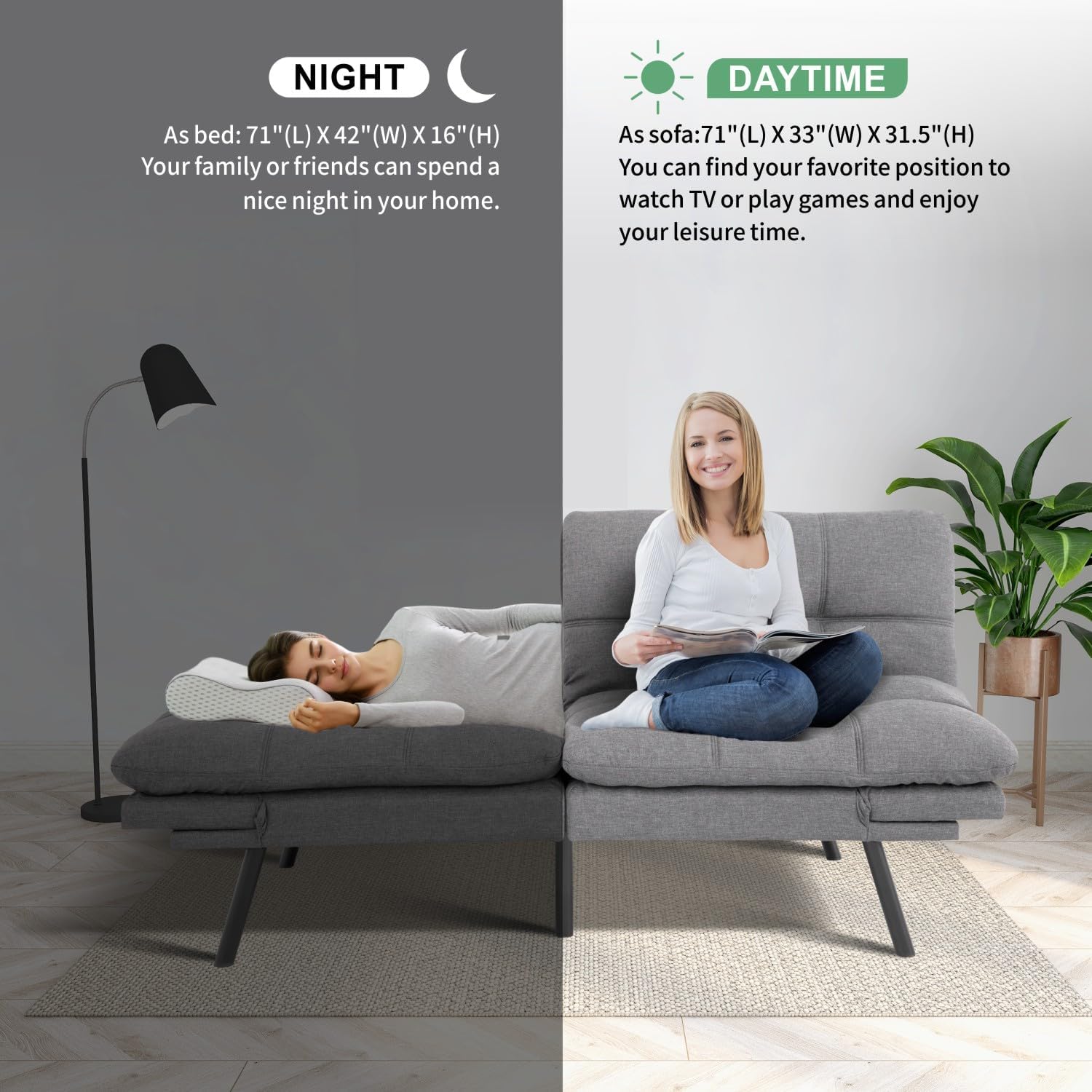 MUUEGM 71' Futon Sofa Bed, Convertible Couch Bed, Modern Loveseat with Adjustable Backrest&Armrest, Sofas for Living Room,Game Room,Dormitory,Office.Light Grey Fabric