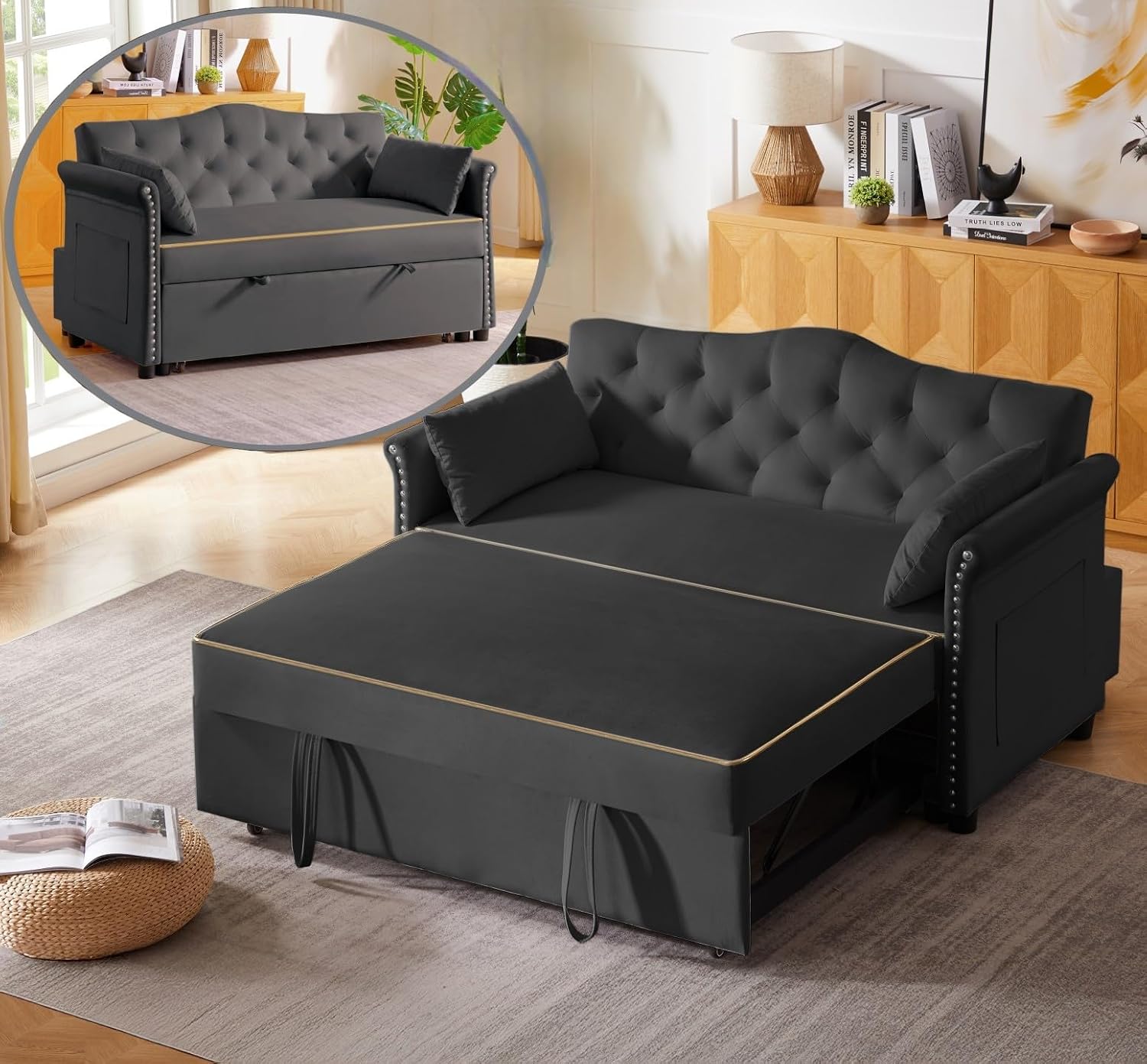 oaaktu 57-Inch Velvet Full Size Sleeper Sofa Couch with Pullout Bed,Convertible Pull Out with Golden Decorative Strip and Adjustable Backrest for Small Spaces,Apartment, Guest Room, RV (Black)