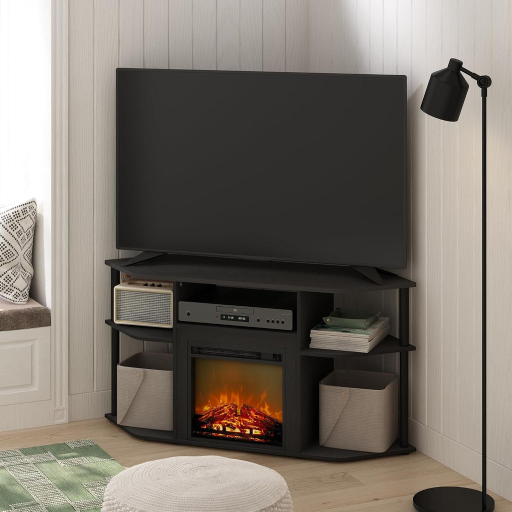Furinno Jensen Fireplace TV Stand, Corner Entertainment Center, TV Console for TV up to 55 Inch with Fireplace, Plastic Poles and Open Storage, for Living Room, Bedroom, Americano