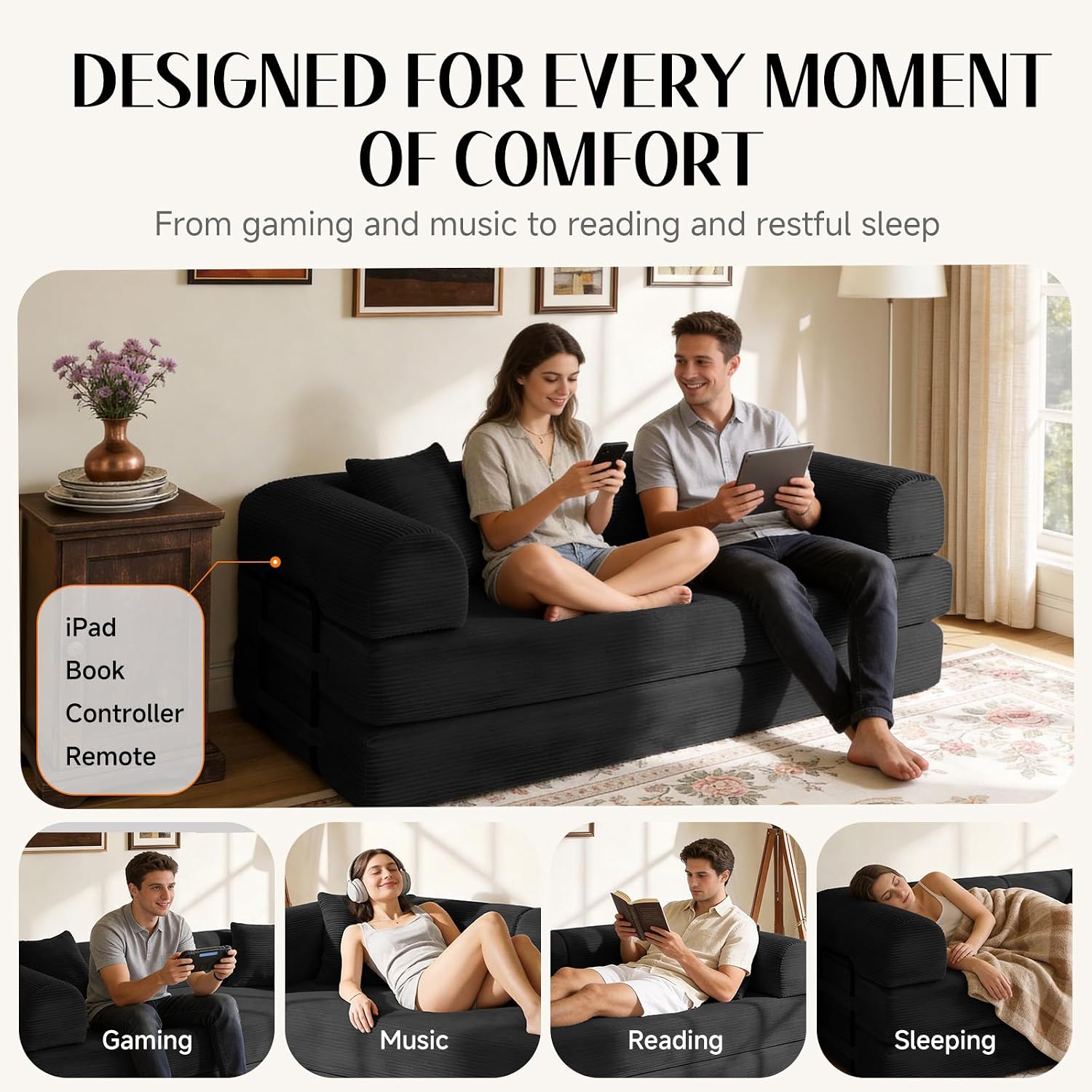 79' Corduroy Sofa Bed, Boneless Couch in a Box with 2 Pillows, High-Density Foam 4-in-1 Foldable Sleeper Futon Loveseat for Small Spaces, No Assembly,Black