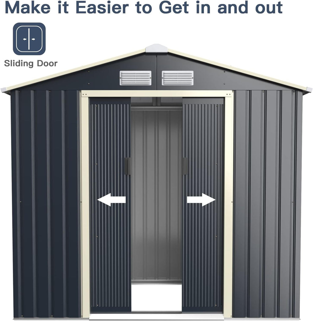 Giantex Outdoor Storage Shed with Double Sliding Door, Galvanized Metal Garden Storage Room, Front and Back Vent, Weather Resistant Tool Storage Shed for Backyard, Patio, Lawn (7 x 4 FT)
