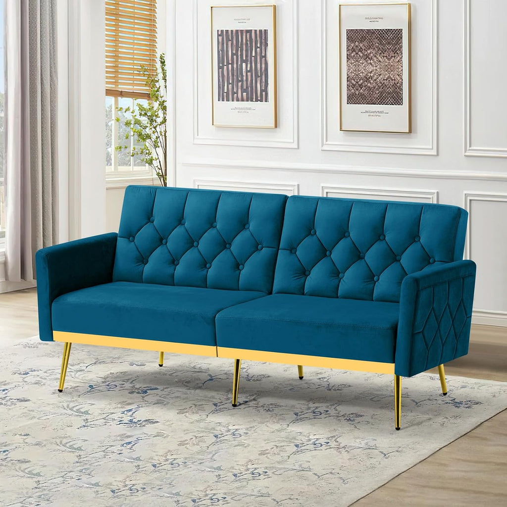 Tufted Velvet Futon Sofa Bed w/Adjustable Armrests & Backrests, Comfortable Sleeper Couch, Modern Convertible Love seat Sofa for Living Room, Bedroom, Apartment, Teal