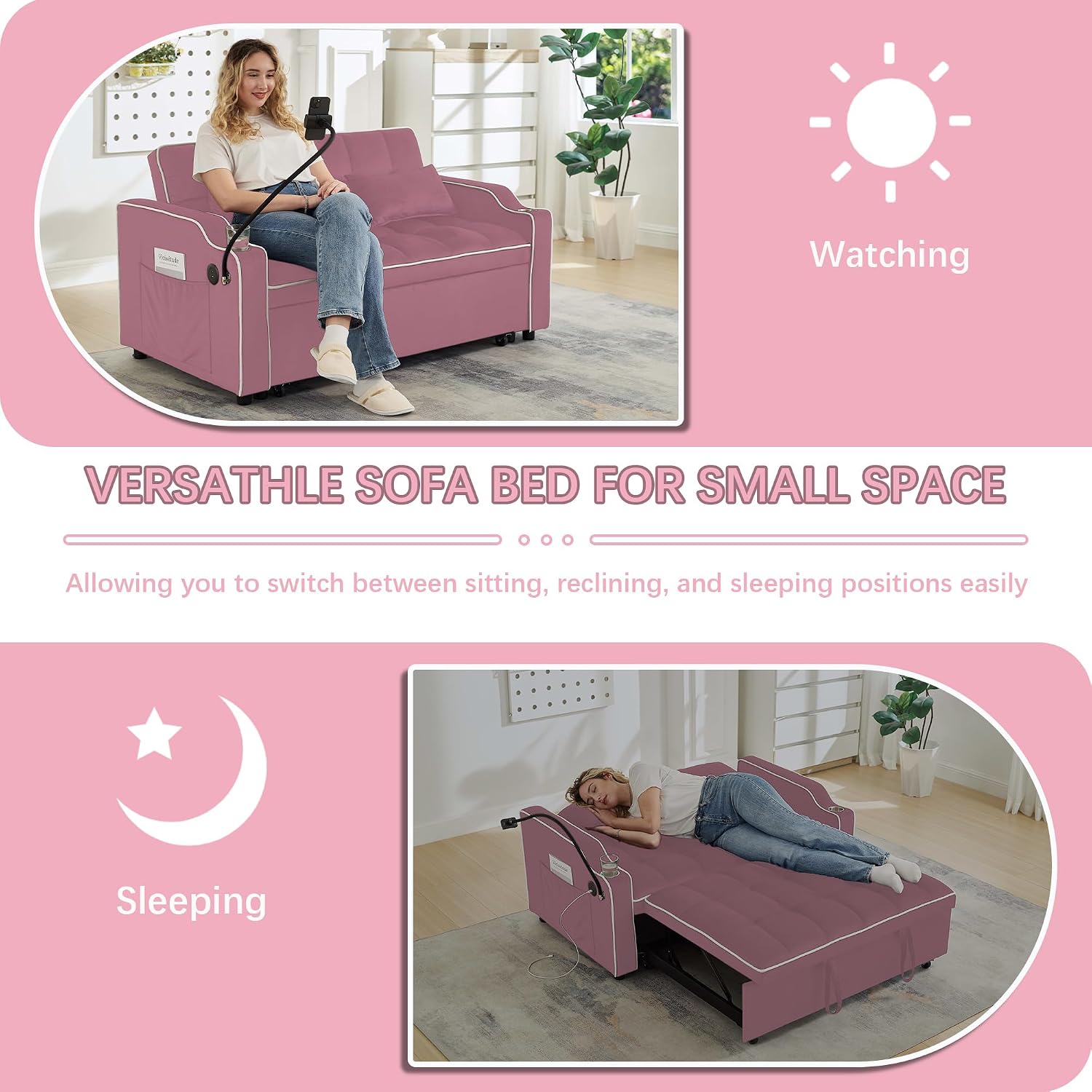Loveseat Sofa Bed with USB Ports, Phone Holder & Cup Holders | Convertible Futon Couch for Small Spaces, Pull-Out Sleeper Sofa for Living Room & Apartments (Pink)